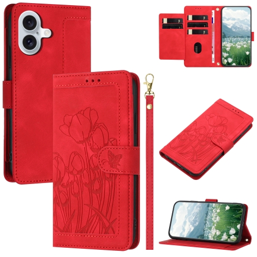 

For iPhone 16 Plus Tulips Embossed Leather Phone Case with Lanyard(Red)