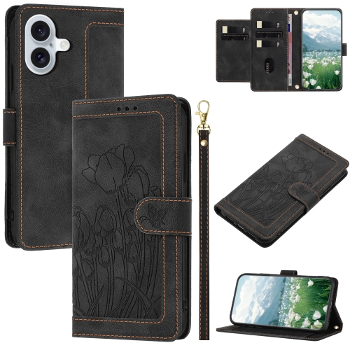 

For iPhone 16 Tulips Embossed Leather Phone Case with Lanyard(Black)