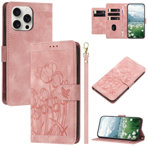 

For iPhone 15 Pro Tulips Embossed Leather Phone Case with Lanyard(Pink)