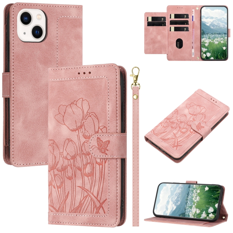

For iPhone 15 Tulips Embossed Leather Phone Case with Lanyard(Pink)