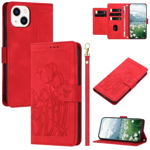 

For iPhone 15 Tulips Embossed Leather Phone Case with Lanyard(Red)