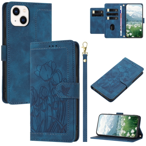 

For iPhone 15 Tulips Embossed Leather Phone Case with Lanyard(Blue)