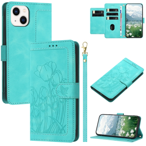 

For iPhone 14 Plus Tulips Embossed Leather Phone Case with Lanyard(Green)