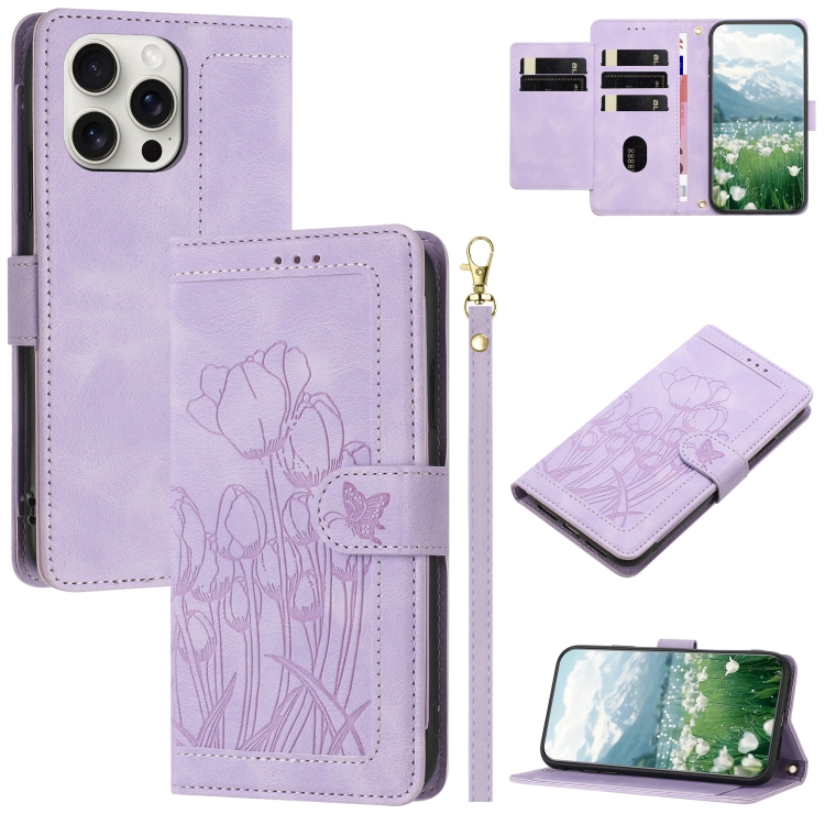 

For iPhone 14 Pro Tulips Embossed Leather Phone Case with Lanyard(Purple)