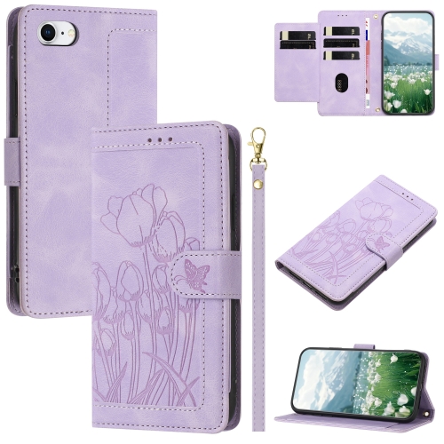 

For iPhone SE 2022 / 2020 Tulips Embossed Leather Phone Case with Lanyard(Purple)