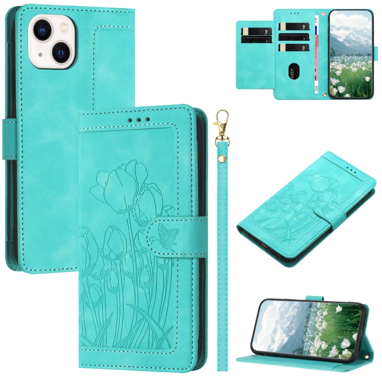 

For iPhone 13 Tulips Embossed Leather Phone Case with Lanyard(Green)