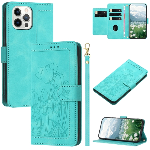 

For iPhone 12 / 12 Pro Tulips Embossed Leather Phone Case with Lanyard(Green)