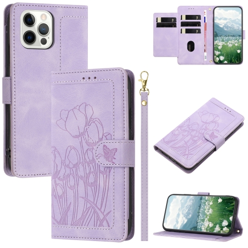 

For iPhone 12 / 12 Pro Tulips Embossed Leather Phone Case with Lanyard(Purple)