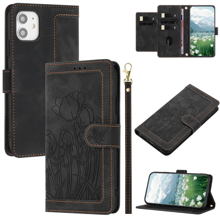 

For iPhone 12 mini Tulips Embossed Leather Phone Case with Lanyard(Black)