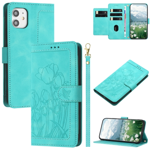 

For iPhone 11 Tulips Embossed Leather Phone Case with Lanyard(Green)