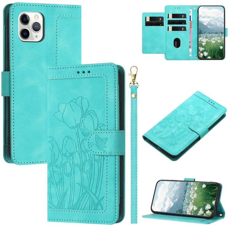

For iPhone 11 Pro Tulips Embossed Leather Phone Case with Lanyard(Green)