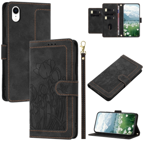 

For iPhone XR Tulips Embossed Leather Phone Case with Lanyard(Black)