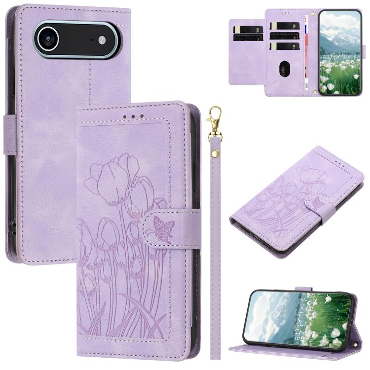 

For iPhone 17 Air Tulips Embossed Leather Phone Case with Lanyard(Purple)