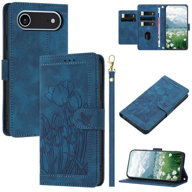 

For iPhone 17 Air Tulips Embossed Leather Phone Case with Lanyard(Blue)
