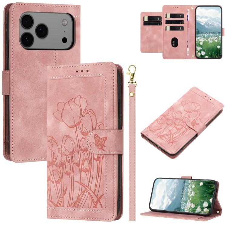 

For iPhone 17 Pro Max Tulips Embossed Leather Phone Case with Lanyard(Pink)
