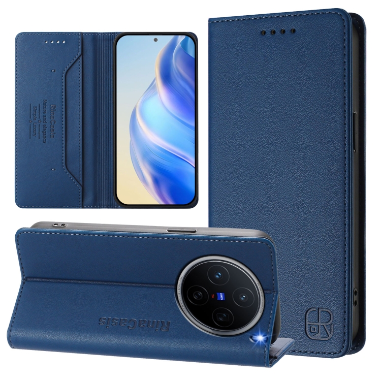 

For vivo X200 RC01 Dual-Folded Magnetic Suction RFID Leather Phone Case(Dark Blue)
