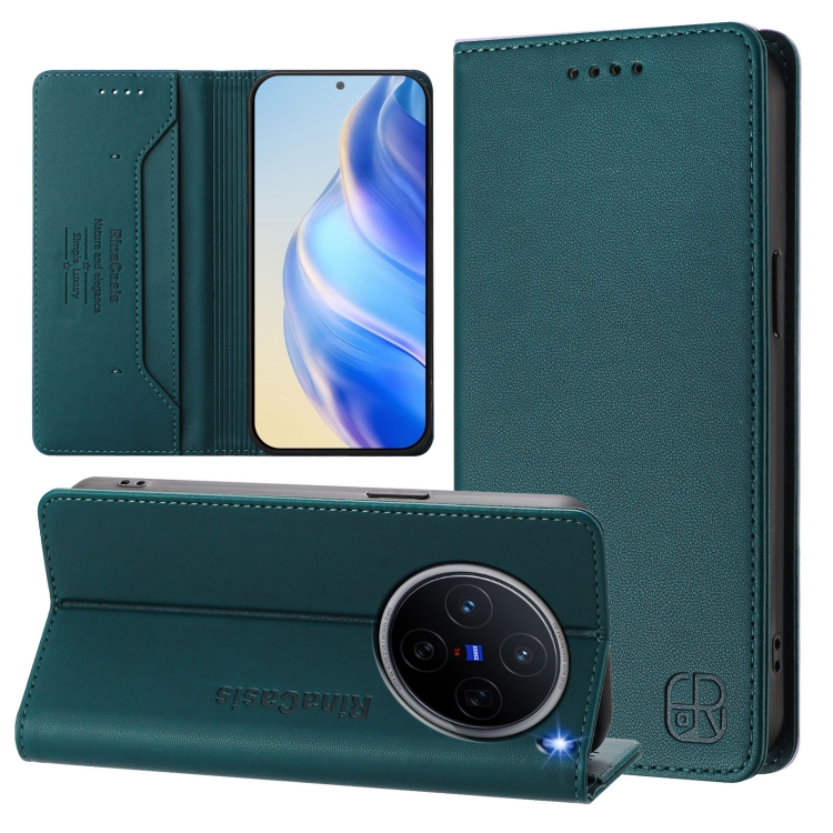 

For vivo X200 RC01 Dual-Folded Magnetic Suction RFID Leather Phone Case(Dark Green)