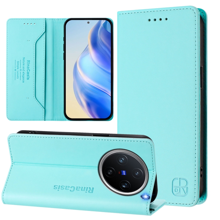 

For vivo X200 Pro mini RC01 Dual-Folded Magnetic Suction RFID Leather Phone Case(Mint Green)