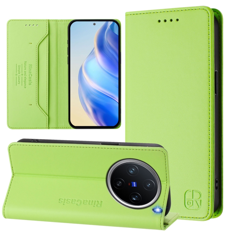 

For vivo X200 Pro mini RC01 Dual-Folded Magnetic Suction RFID Leather Phone Case(Grass Green)
