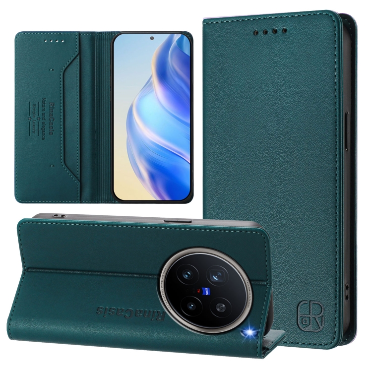 

For vivo X200 Pro RC01 Dual-Folded Magnetic Suction RFID Leather Phone Case(Dark Green)