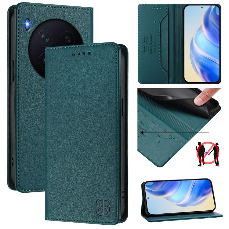 

For vivo X300 RC01 Dual-Folded Magnetic Suction RFID Leather Phone Case(Dark Green)