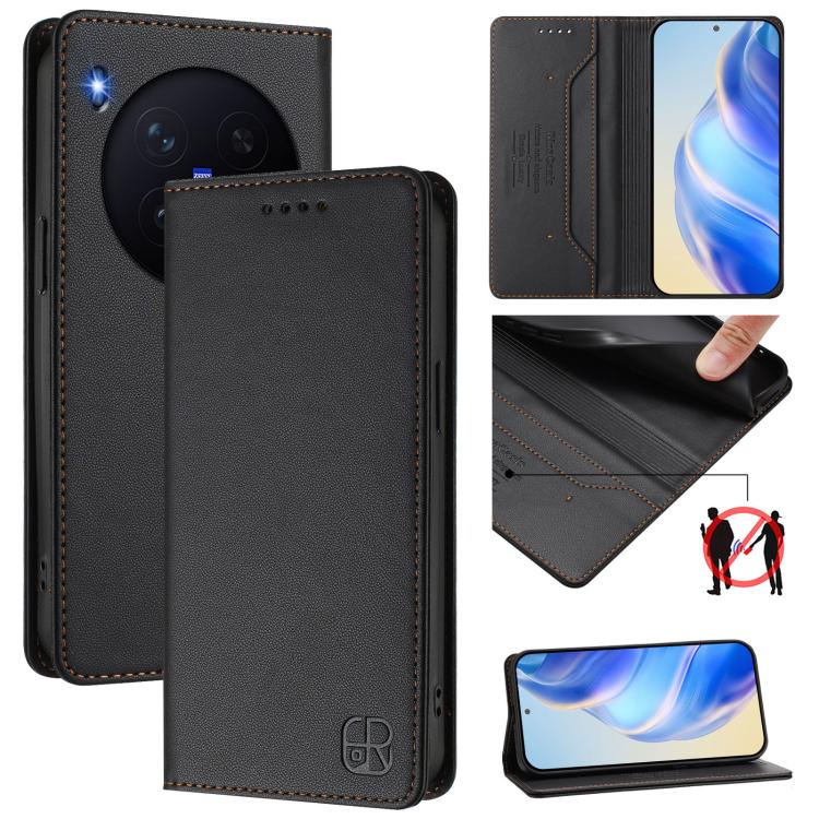 

For vivo X300 Pro RC01 Dual-Folded Magnetic Suction RFID Leather Phone Case(Black)
