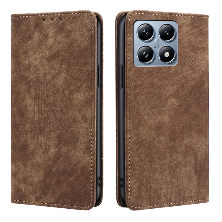 

For Xiaomi 14T Pro 5G RFID Anti-theft Brush Magnetic Leather Phone Case(Brown)