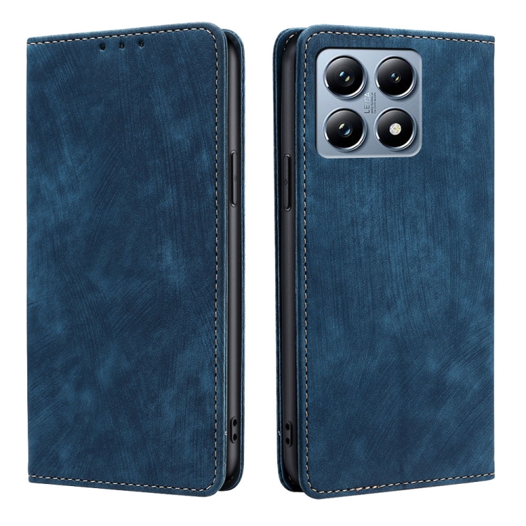 

For Xiaomi 14T Pro 5G RFID Anti-theft Brush Magnetic Leather Phone Case(Blue)