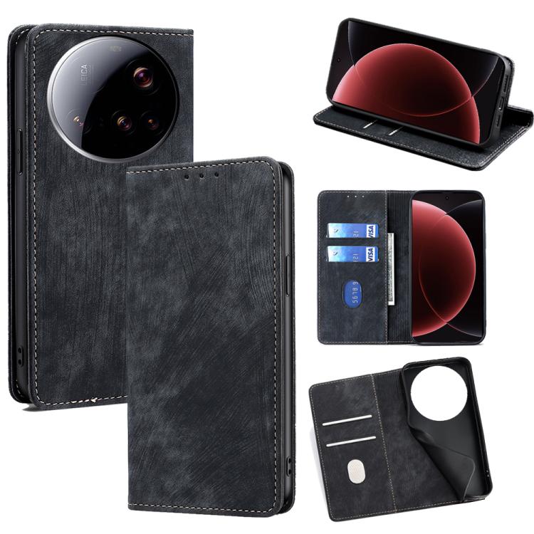 

For Xiaomi 15 Ultra RFID Anti-theft Brush Magnetic Leather Phone Case(Black)