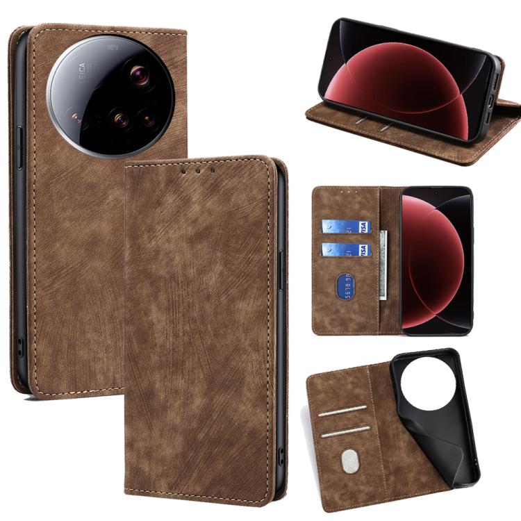 

For Xiaomi 15 Ultra RFID Anti-theft Brush Magnetic Leather Phone Case(Brown)