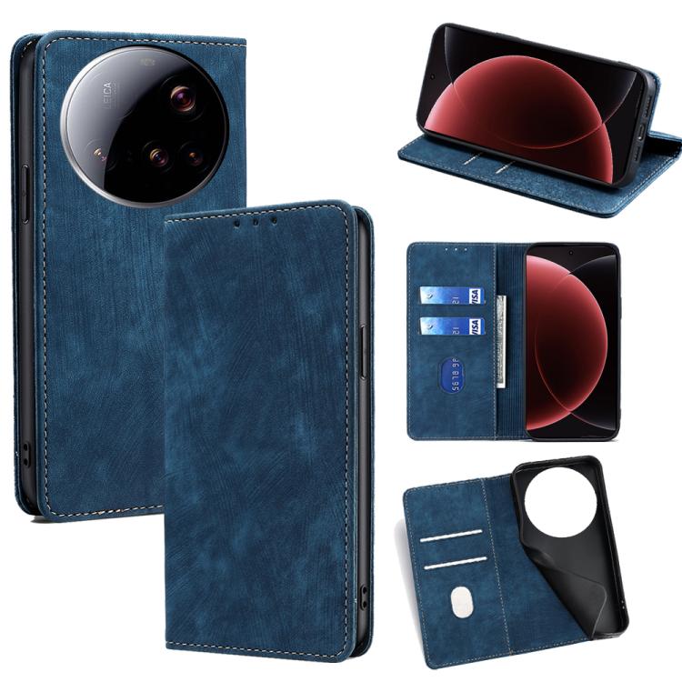 

For Xiaomi 15 Ultra RFID Anti-theft Brush Magnetic Leather Phone Case(Blue)