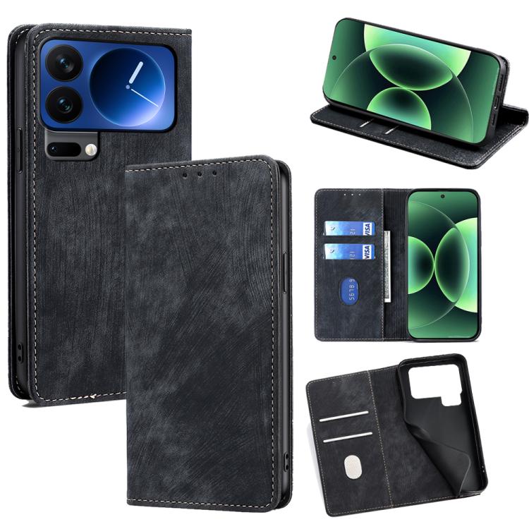 

For Xiaomi 17 Pro RFID Anti-theft Brush Magnetic Leather Phone Case(Black)