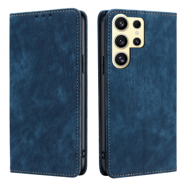 

For Samsung Galaxy S25 Ultra 5G RFID Anti-theft Brush Magnetic Leather Phone Case(Blue)