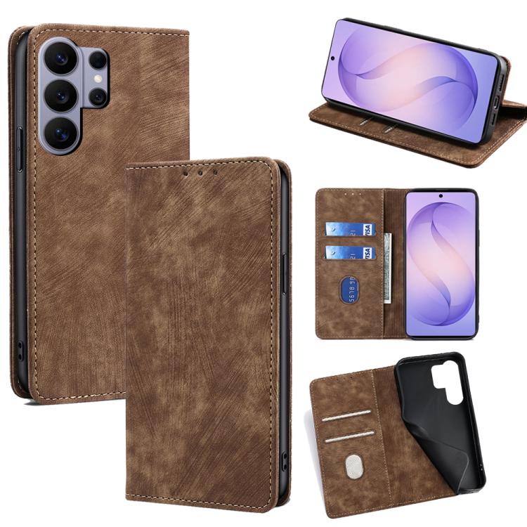 

For Samsung Galaxy S26 Ultra 5G RFID Anti-theft Brush Magnetic Leather Phone Case(Brown)