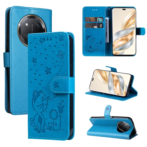 

For Honor X9C 5G Global Cat Bee Embossing Pattern Shockproof Leather Case(Blue)