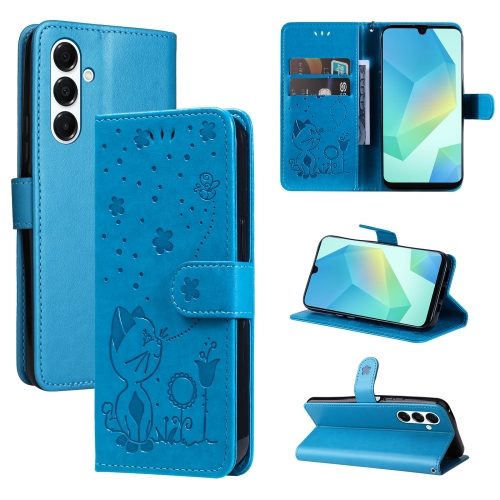 

For Samsung Galaxy A26 5G Global Cat Bee Embossing Pattern Shockproof Leather Case(Blue)