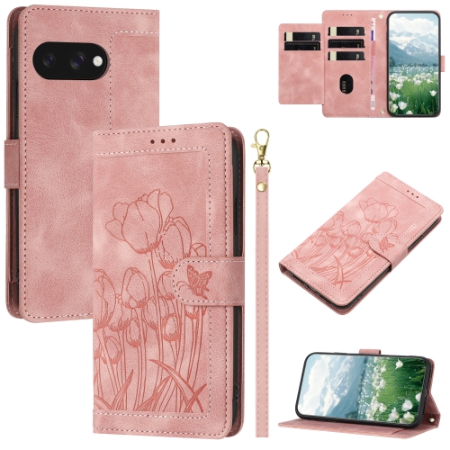 

For Google Pixel 9a Tulips Embossed Leather Phone Case with Lanyard(Pink)