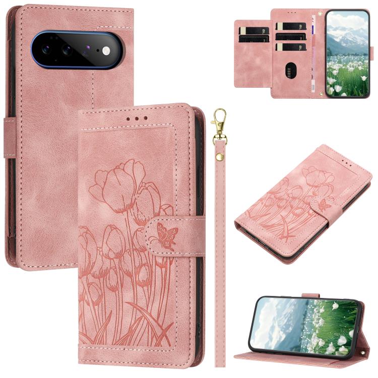 

For Google Pixel 11 Pro XL Tulips Embossed Leather Phone Case with Lanyard(Pink)