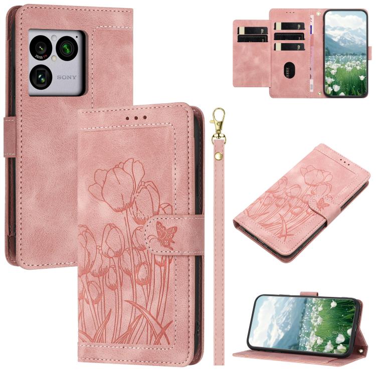 For Sony Xperia 1 VIII Tulips Embossed Leather Phone Case with Lanyard(Pink)