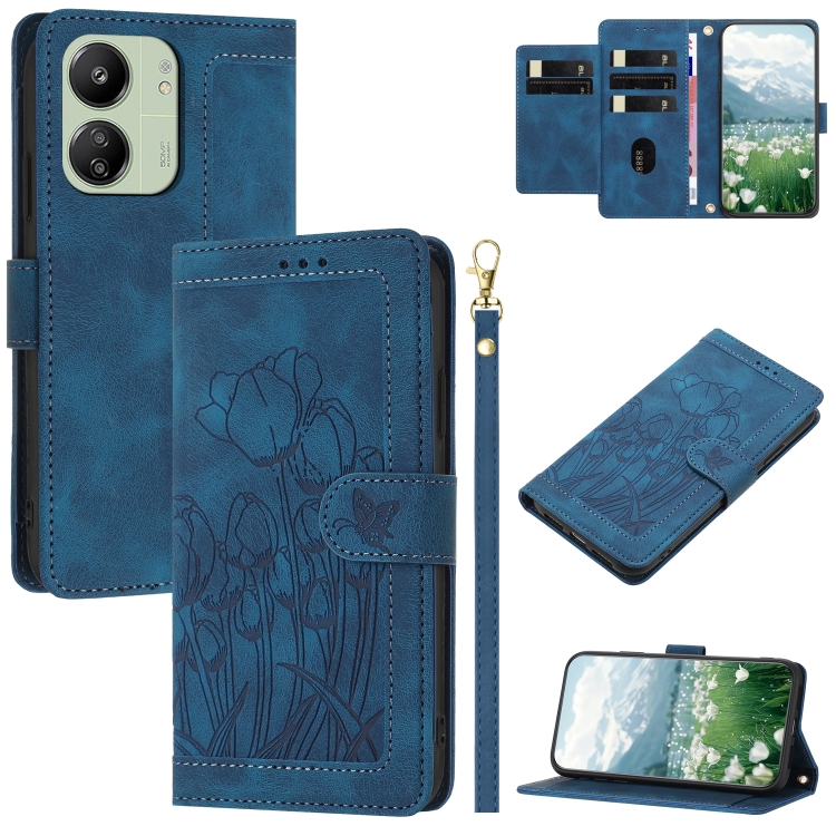 

For Redmi 13C 4G / 5G Tulips Embossed Leather Phone Case with Lanyard(Blue)