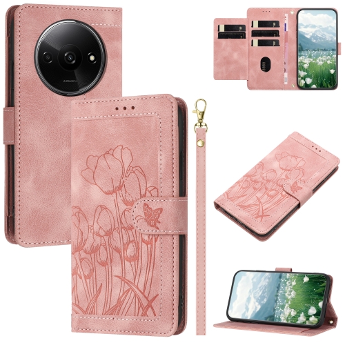 

For Redmi A3 Tulips Embossed Leather Phone Case with Lanyard(Pink)