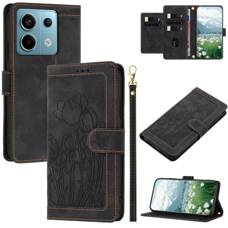 

For Redmi Note 13 5G Tulips Embossed Leather Phone Case with Lanyard(Black)