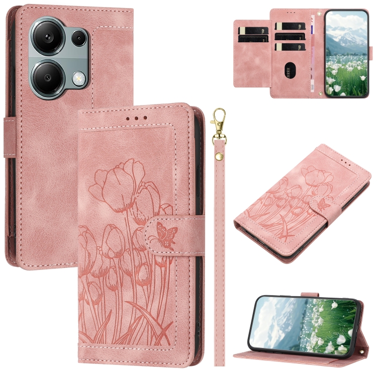 

For Redmi Note 13 Pro 5G Tulips Embossed Leather Phone Case with Lanyard(Pink)