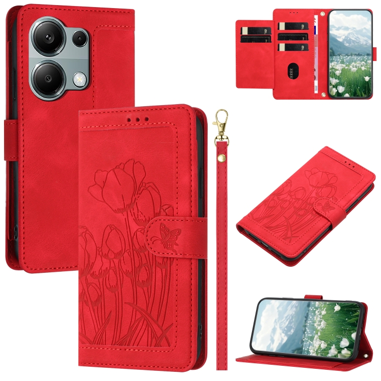 

For Redmi Note 13 Pro 5G Tulips Embossed Leather Phone Case with Lanyard(Red)