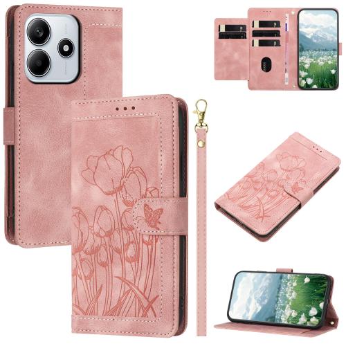 

For Redmi Note 14 5G Tulips Embossed Leather Phone Case with Lanyard(Pink)