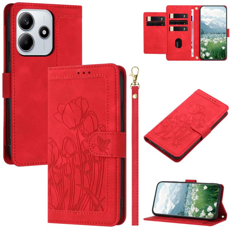 

For Redmi Note 14 5G Tulips Embossed Leather Phone Case with Lanyard(Red)