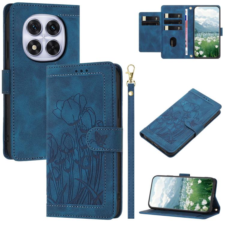 

For Redmi Note 14 Pro 5G Tulips Embossed Leather Phone Case with Lanyard(Blue)