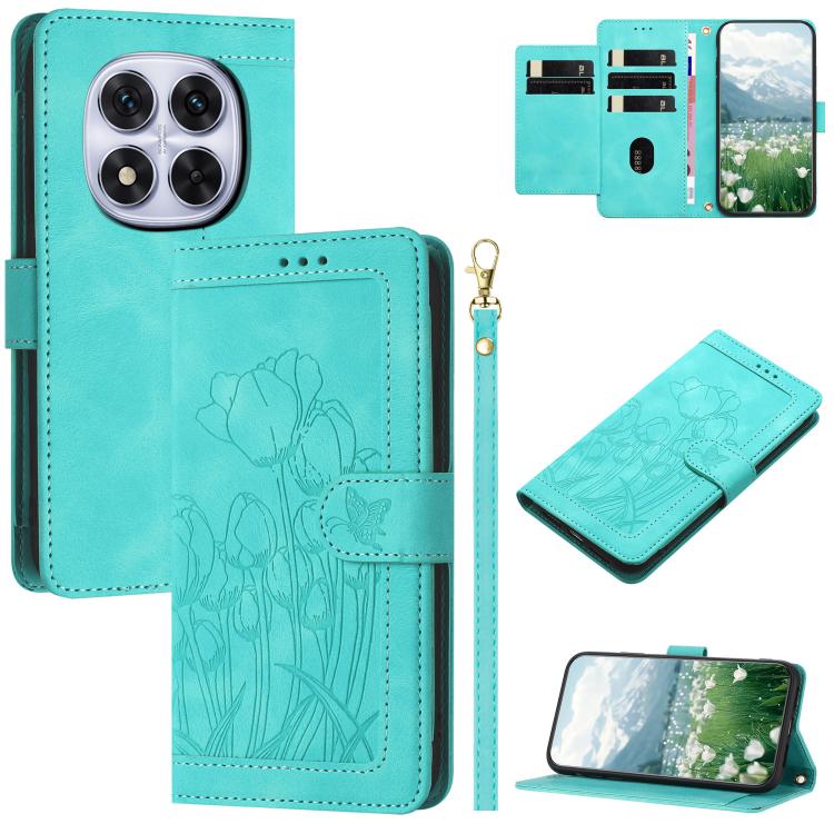 

For Redmi Note 14 Pro+ 5G Tulips Embossed Leather Phone Case with Lanyard(Green)