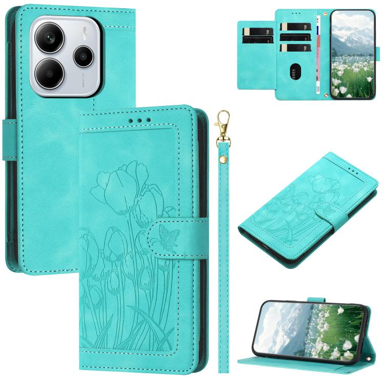 

For Redmi Note 14 4G 164.84mm Tulips Embossed Leather Phone Case with Lanyard(Green)