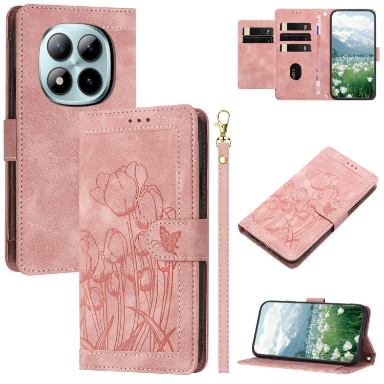 

For Redmi Note 15 Pro+ 5G Global Tulips Embossed Leather Phone Case with Lanyard(Pink)